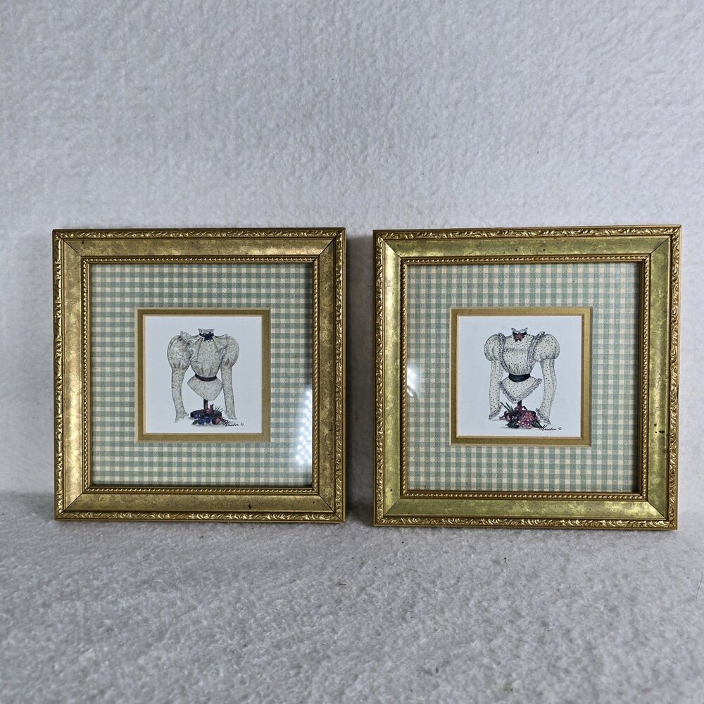 Vintage Bodice Blouse Fashion Art with Green Check Matte in Gold Frames Set of 2